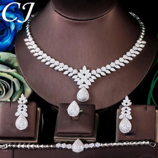 CANDICE High Quality Full Micro CZ Stone Pave Pear Water Drop Pendant Necklace&Earrings&Bracelet&Ring for Wedding Luxury Statement 4Pcs Jewelry Set