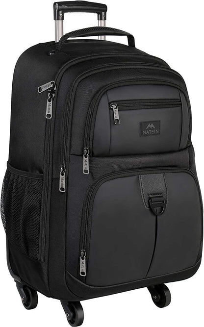 Rolling Backpack with 4 Wheels, 17 Inch Roller Travel Laptop Backpack for Women Men, Large Water Resistant Business Wheeled Bag, Airline Approved Carry on Luggage Suitcase Bag, Black