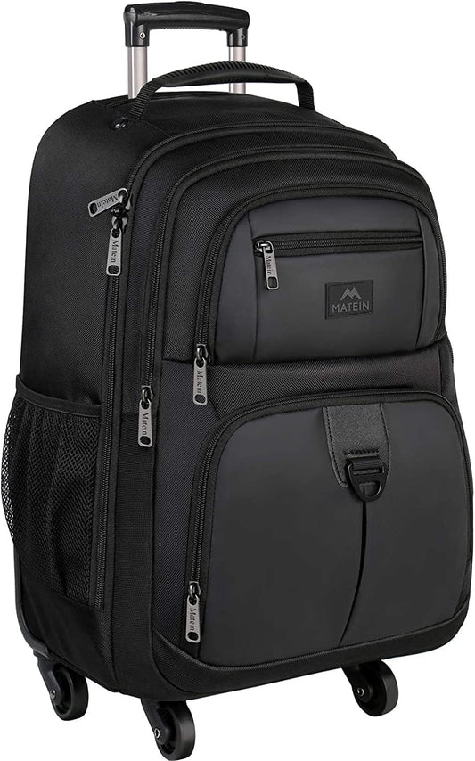 Rolling Backpack with 4 Wheels, 17 Inch Roller Travel Laptop Backpack for Women Men, Large Water Resistant Business Wheeled Bag, Airline Approved Carry on Luggage Suitcase Bag, Black
