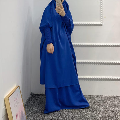 Women Muslim 2 Set Solid Color plus Long Sleeve Thobe One-Size Longuette Overall Abaya Thobe with Hoodied Hijab