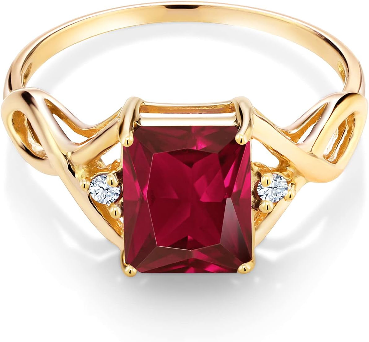 18K Yellow Gold Plated Silver Red Created Ruby Ring for Women (2.83 Cttw, Emerald Cut 9X7MM, Gemstone Birthstone, Available in Size 5, 6, 7, 8, 9)