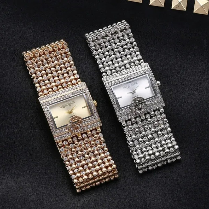Lucky Bracelets Luxury Ladies Wrist Watch Fashion Full Diamond Gold Stainless Steel Rectangular Female Quartz Watch