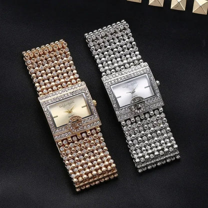Lucky Bracelets Luxury Ladies Wrist Watch Fashion Full Diamond Gold Stainless Steel Rectangular Female Quartz Watch