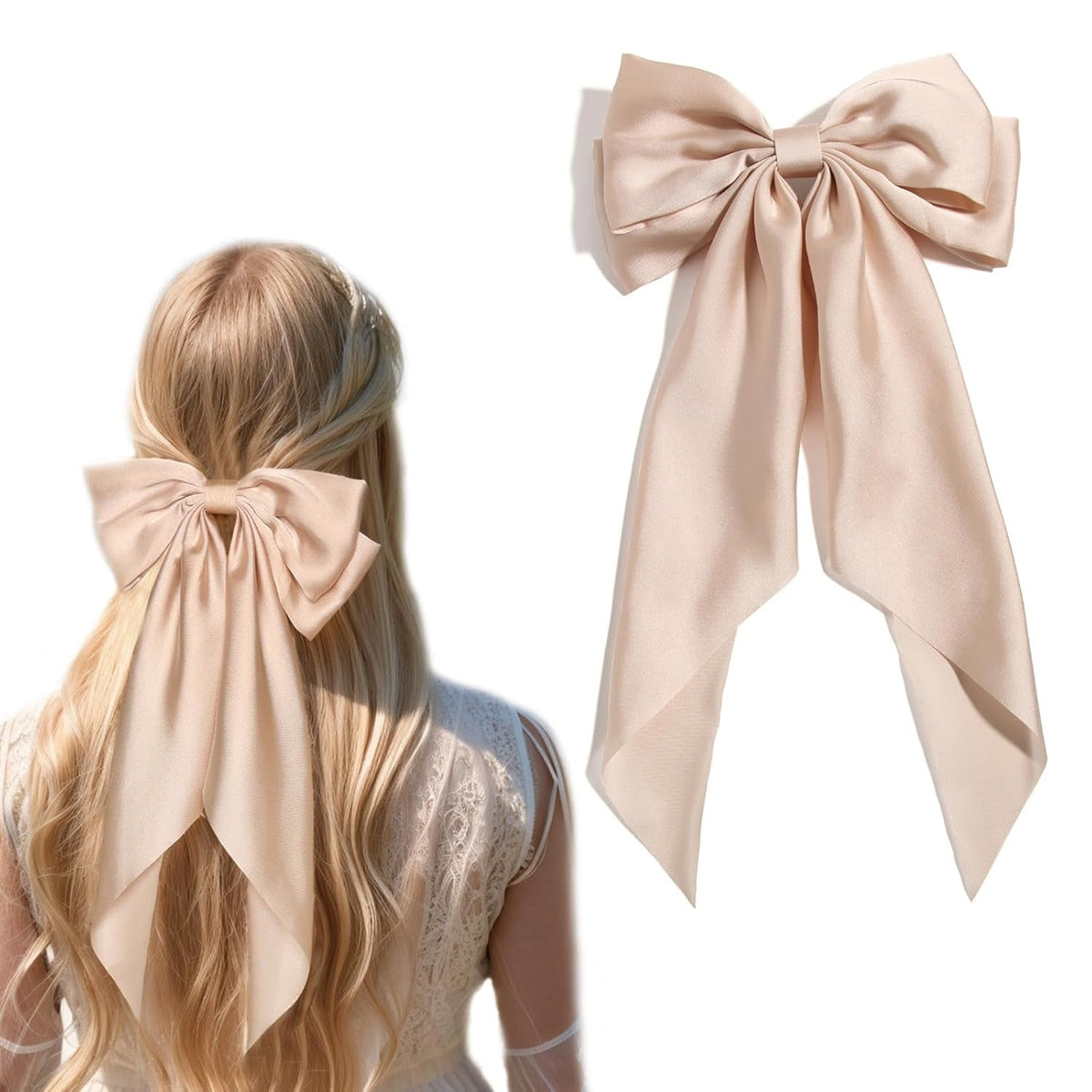 Big Bow Barrettes and Satin Hair Pins with Long Ribbon Tails - Party and Casual Hair Accessories for Women and Girls in Apricot