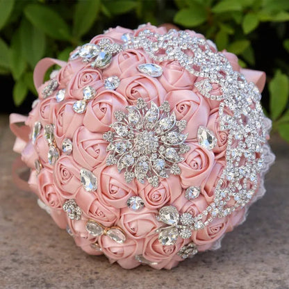 18CM Luxury Crystal Brooch Bride Bouquet Holding Flower Ribbon Lace Wedding Bouquet Artificial Simulation Rose Wedding Flower Bridesmaid Bouquet