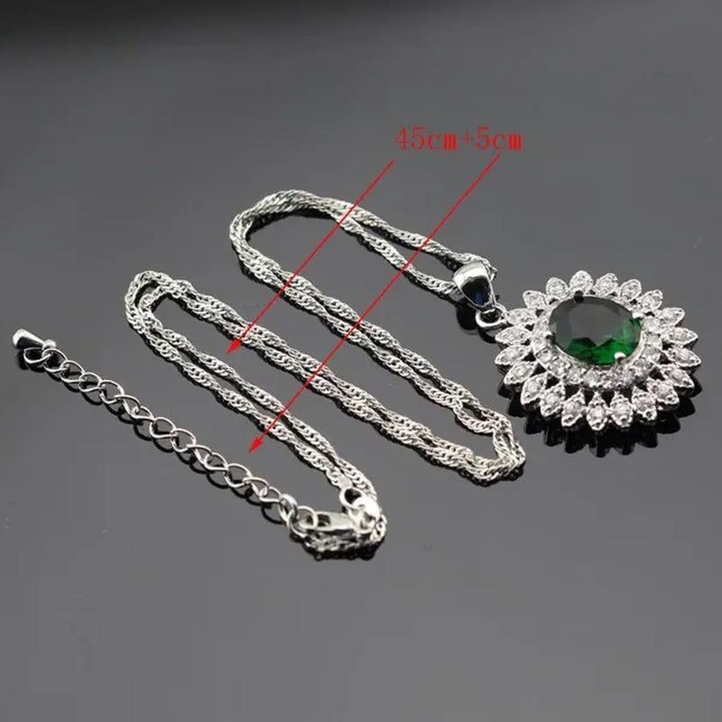 Flower Shaped 925 Silver Jewelry Sets Green Zircon Necklace Pendant Drop Earrings Ring For Women  Dating Gift