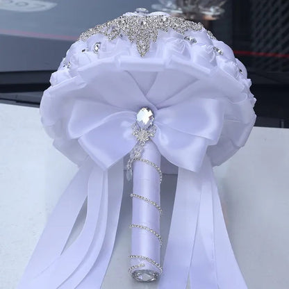 21cm Artificial Ribbon Rose Brooch Bouquets Crystal Handmade Bride Wedding Silk Flower Bouquet Party Rhinestone Bridal Bouquet Wedding Accessories