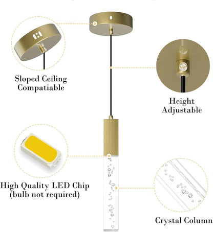 Brass Pendant Light Kitchen Fixture Dimmable Integrated LED Modern Pendant Light for Kitchen Island Mini Crystal Pendant Light for Bathroom Bedroom 3000K Warm Light(2-Pack)