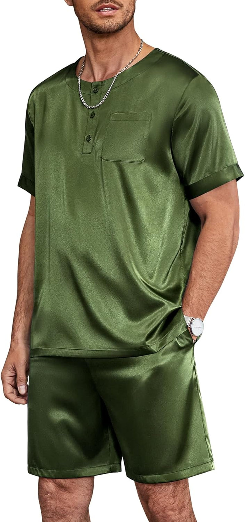 Men Satin Pajamas Set 2 Piece Silk Sleepwear Shorts Button down Tops Loungewear with Pockets