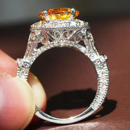 Luxurious  Silver Natural Gemstones Yellow Diamond Topaz Wedding Birthstone Bride Flower Engagement Ellipse Ring Jewelry Size 678910