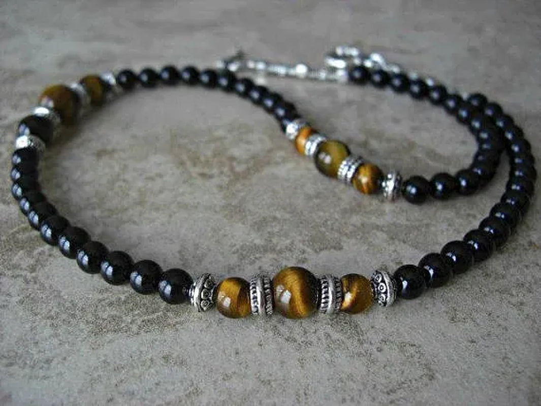 Black Onyx Tiger Eye Silver Accents Men's Necklace