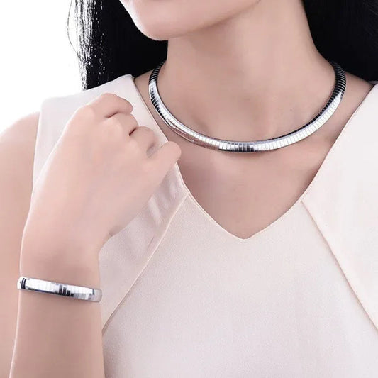 Trendy Women Jewelry Set Silver Gold Stainless Steel Choker Necklace Bracelet Set Suits