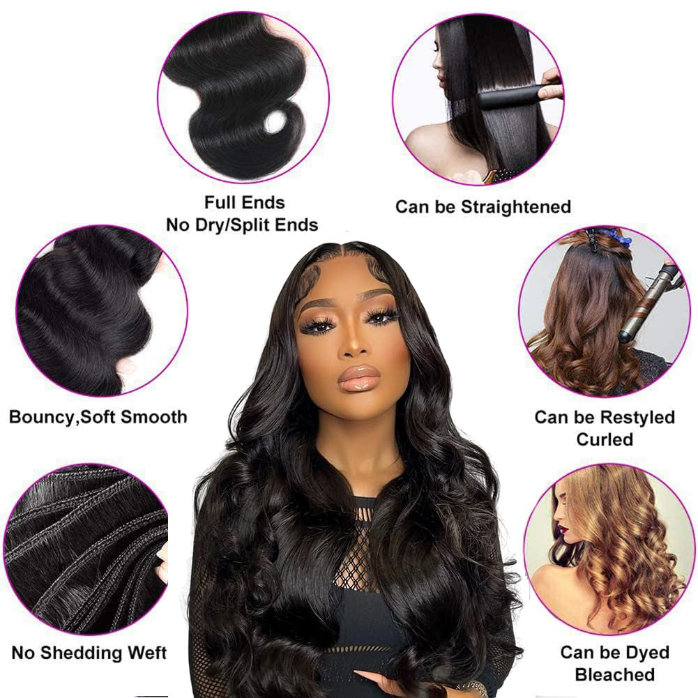 14A Human Hair Bundles 14 16 18 Inch Body Wave Bundles 100% Unprocessed Brazilian Virgin Hair 3 Bundles Deals Human Hair Extensions Natural Color