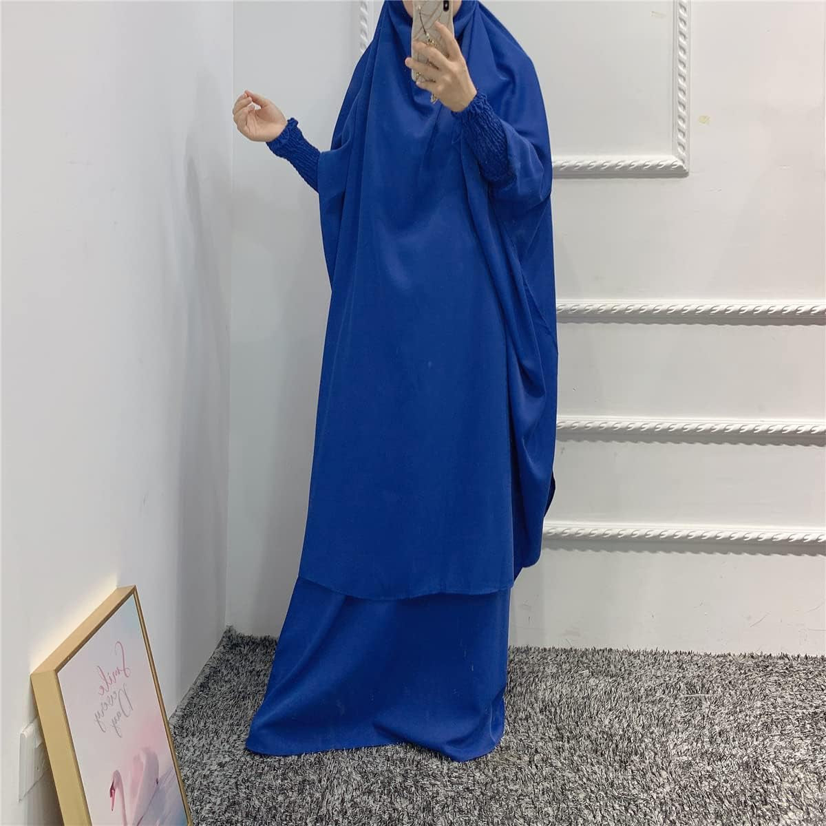 Women Muslim 2 Set Solid Color plus Long Sleeve Thobe One-Size Longuette Overall Abaya Thobe with Hoodied Hijab