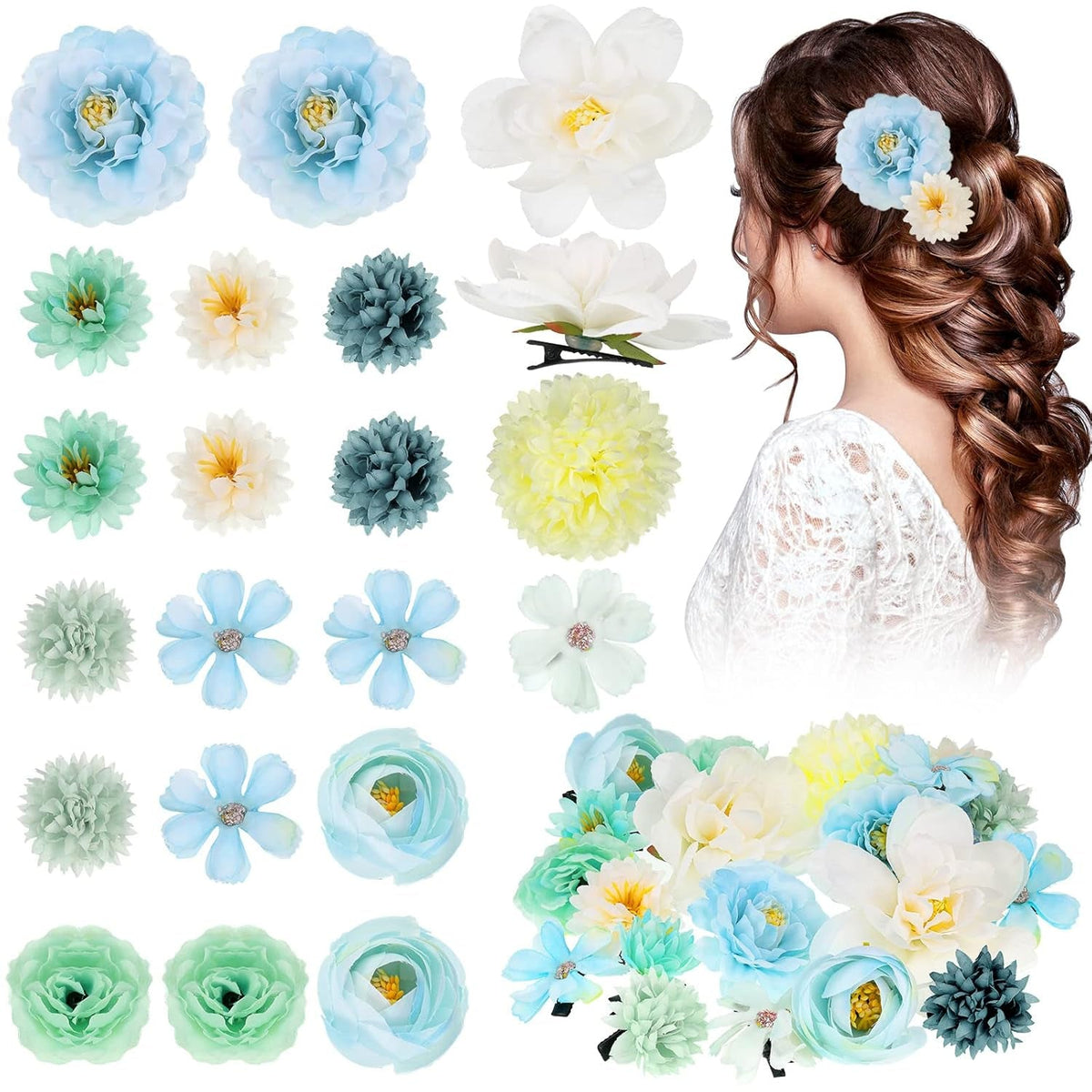 21 Pcs Flower Hair Clip Rose Hair Clips Barrettes for Women Flower Accessories Boho Bride Claw Clip Hairpin Brooch Pin Headpiece for Wedding(Blue)