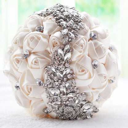 18CM Silk Rose Ribbon Wedding Bouquet Shiny Diamond Brooch Bridal Bouquet Creative Handmade DIY Bridesmaids Holding Flowers Wedding Party Simulation Flower