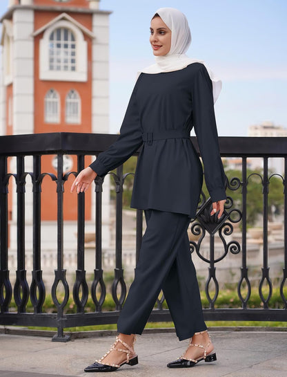 Women'S Muslim Long Sleeve Loose Top Pants 2 Pcs Dubai Islamic Muslim Clothes