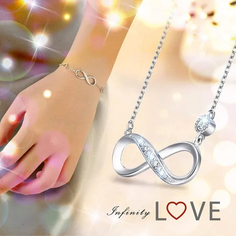 925 Sterling Silver Necklace Bracelet One Sets Forever Love” Infinity Heart Love Jewelry Sets White Gold Plated Diamond Women Necklace Gift for Mother's Day