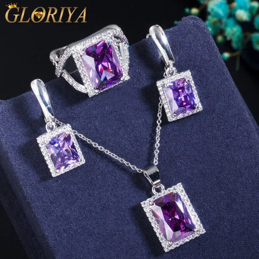 Gloriya Elegant Purple CZ Square Pendant Chain Necklace Earrings and Ring Set Women Fashion Silver Plated Jewellery Sets for Best Gifts