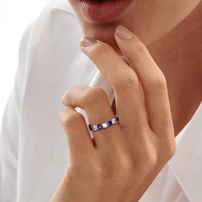 925 Sterling Silver Birthstone Rings for Women Created Gemstone Half Eternity Band 7 Stone Cubic Zirconia Wedding Band Birthstone Jewelry Size 6-10