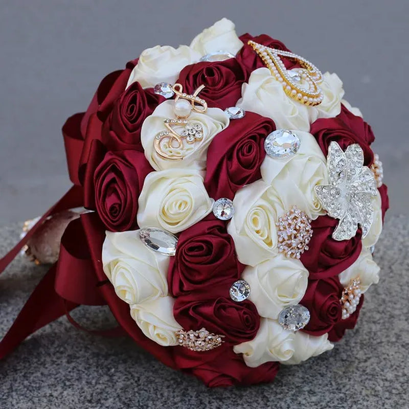 21CM Silk Rose Wedding Flower Bouquet Pearl Rhinestone Brooch Bouquet Bride Bridesmaid Holding Flowers Wedding Party Shooting Props