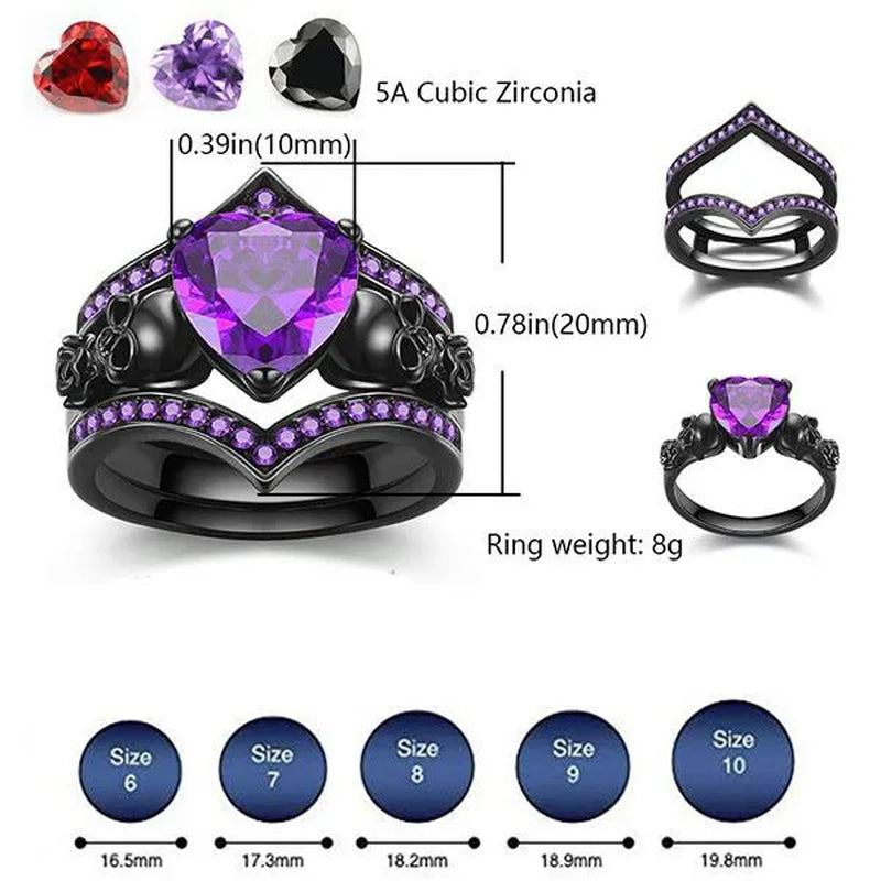 Gothic Black Rose Flower Skull Engagement Rings Set Red Purple Heart-shaped Zircon Crystal Wedding Anniversary Holiday Gift Jewelry Halloween Gifts