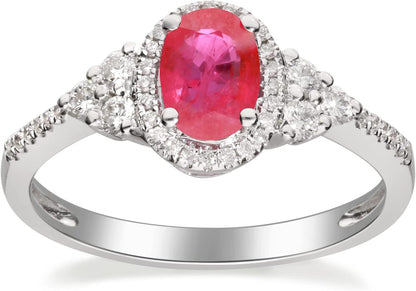 14K White Gold Mozambique Genuine Ruby Ring with Diamonds for Women | Ethically, Authentically & Organically Sourced (Oval-Cut) Shaped Ruby Hand-Crafted Jewelry for Her | Ruby Ring for Women