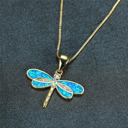 New Fashion White Imitation Opal Dragonfly Pendant Necklace Crystal Inlaid Gold Clavicle Chain Necklaces Jewelry