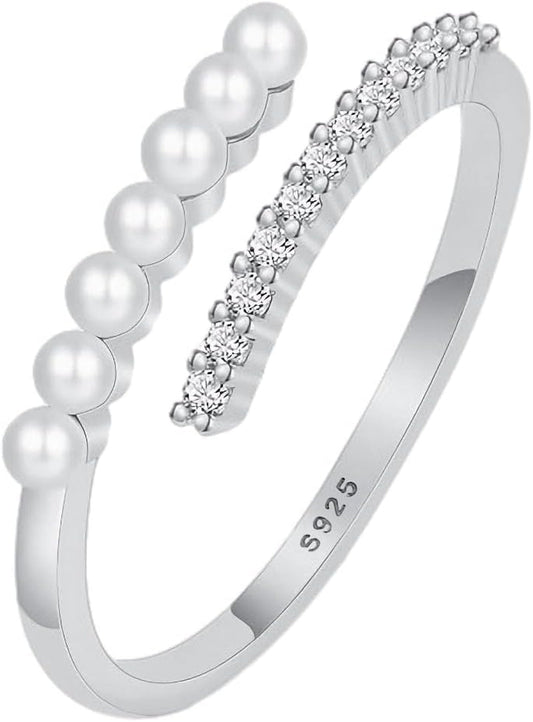 Pearl Rings for Women Dainty 925 Sterling Silver Gold Pearl Ring Stackable CZ Adjustable Open Wrap Ring Fashion Statement Wedding Band Ring Jewelry Birthday Summer Ocean Gifts for Her