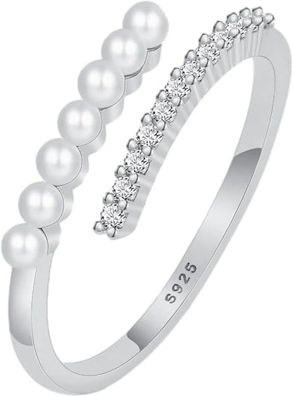 Pearl Rings for Women Dainty 925 Sterling Silver Gold Pearl Ring Stackable CZ Adjustable Open Wrap Ring Fashion Statement Wedding Band Ring Jewelry Birthday Summer Ocean Gifts for Her