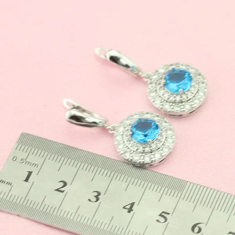 Light Blue Topaz White Zircon 925 Silver Jewelry Sets Necklace Pendant Earrings Rings For Women Dating Gift