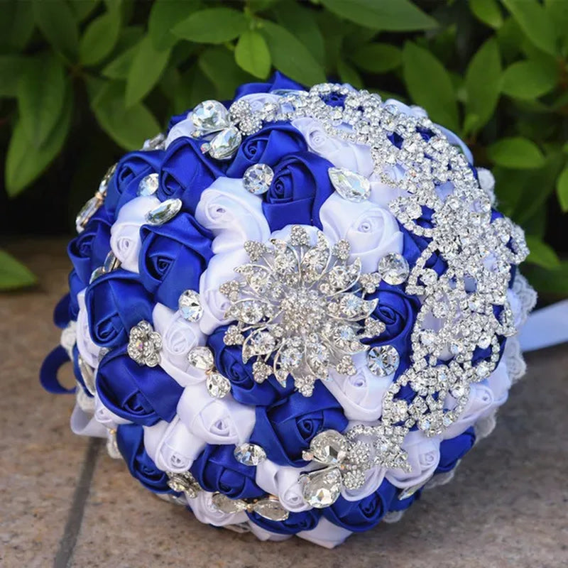 18CM Luxury Crystal Brooch Bride Bouquet Holding Flower Ribbon Lace Wedding Bouquet Artificial Simulation Rose Wedding Flower Bridesmaid Bouquet