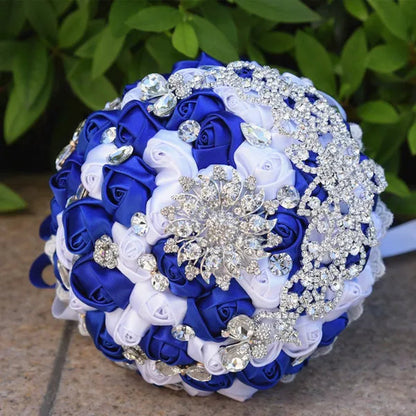 18CM Luxury Crystal Brooch Bride Bouquet Holding Flower Ribbon Lace Wedding Bouquet Artificial Simulation Rose Wedding Flower Bridesmaid Bouquet