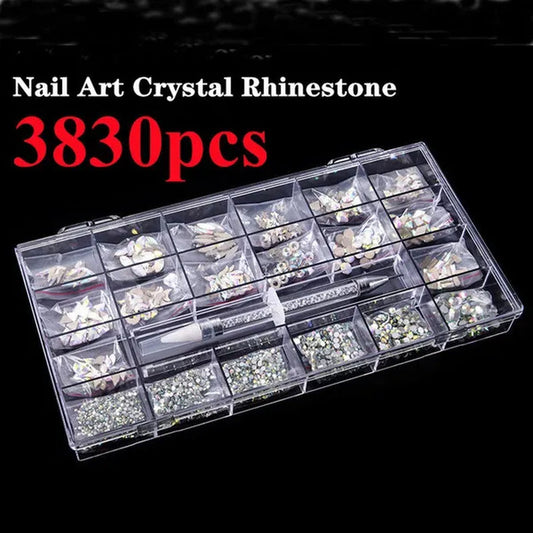 3830Pcs/Box Mixed AB Glass Crystal Diamond In Grids 21 Shape And SS6-SS20 Flatback Nail Art Rhinestone Set With 1 Pick Up Pen