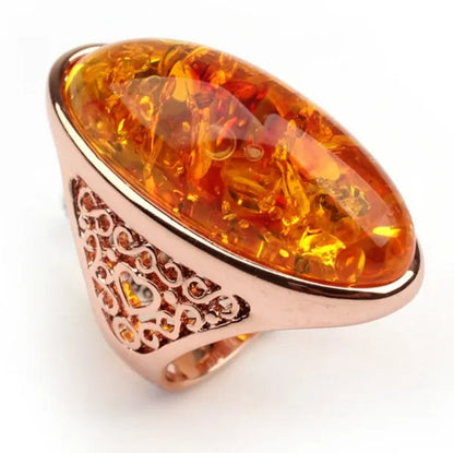 Party Wedding Christmas Gifts Gold Amber Ring Big Bohemian Precious Rings for Women(size 5 6 7 8 9 10 11 12)