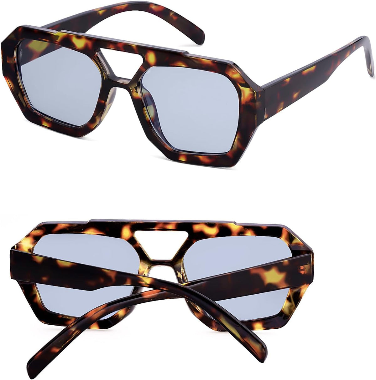 Trendy Designer Inspired Aviator Sunglasses for Women Men Hexagonal Square Thick Frame Double Bridge Sun Glasses