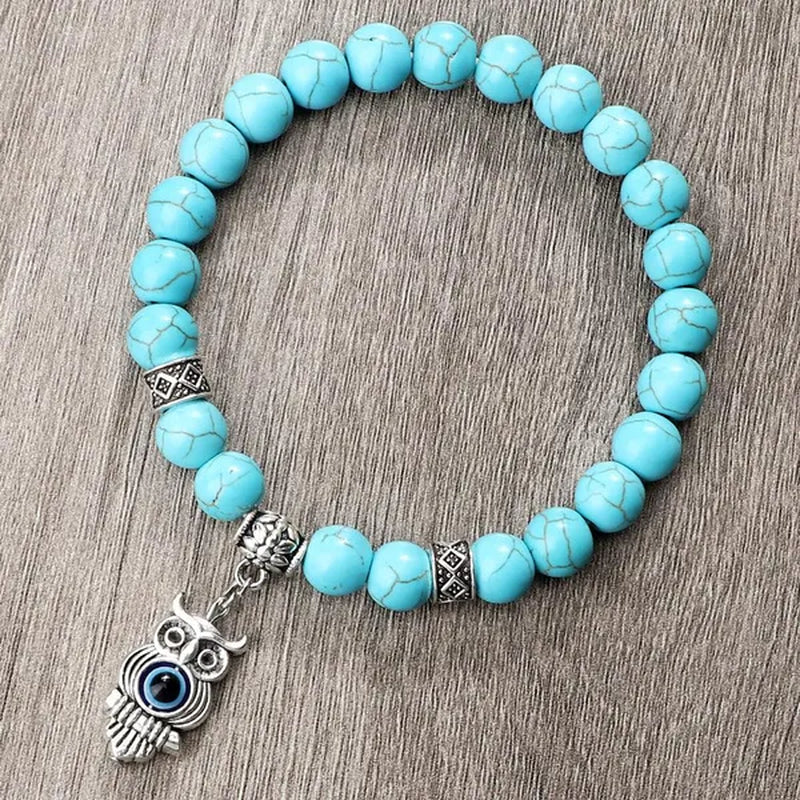 Turkey Evil Eye Beaded Bracelets Butterfly Buddhist Palm Hand Owl Turtle Alloy Pendant Bracelet Women Men Lucky Stretch Bangles Jewelry
