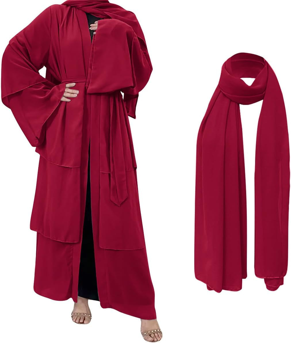 Muslim Chiffon Abaya for Women Open Front Cardigan Modest Dress with Hijab Scarf Middle East Arabian Robe Islamic Long Dress