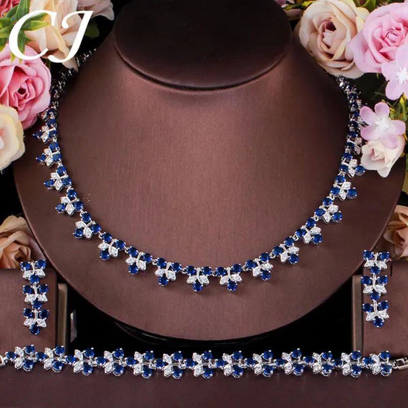 CANDICE Prom Party 3Pcs Jewelry Set Pave Blue Cubic Zircon Leaf Flower Charm Necklace Earrings and Bracelet for Ladies