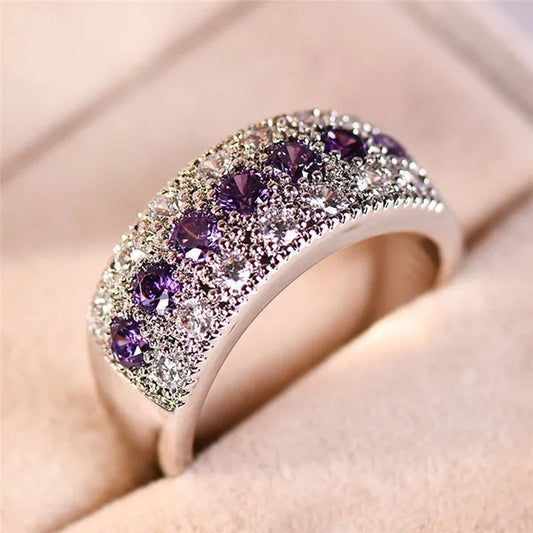 Exquisite 925 Sterling Silver Ring Purple Amethyst Diamond Wedding Band Engagement Ring Jewelry Gifts Ring Size 6-10
