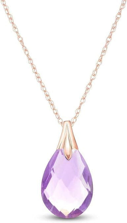 9K Rose Gold Purple Amethyst Teardrop Shape Pendant Necklace, Natural AAA Briolette Cut, 18-24 Inches, Genuine Gemstone