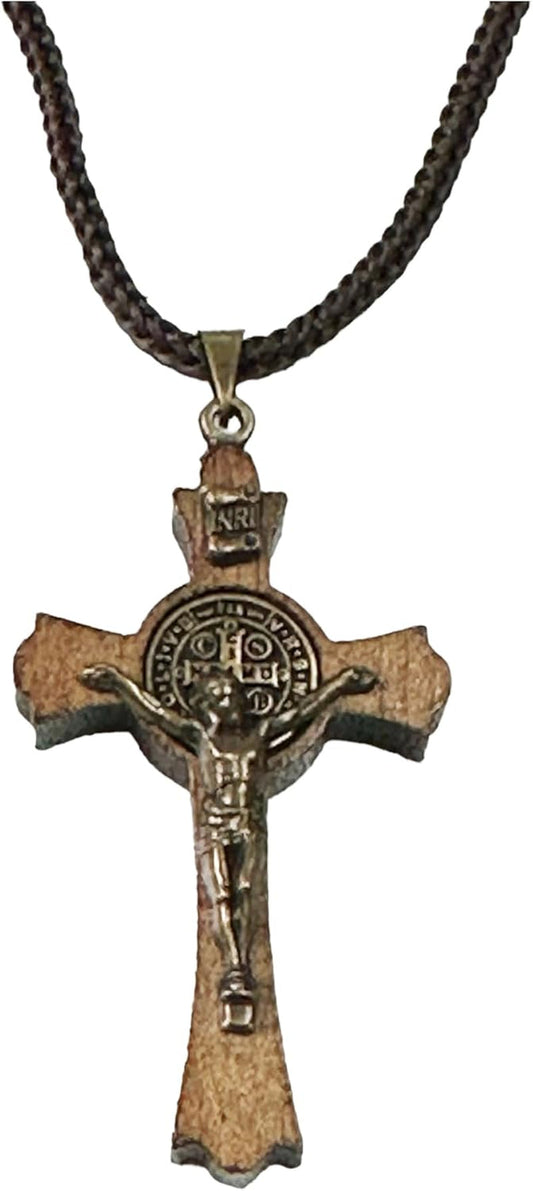 Saint Benedict Medal Wood Crucifix Cord Necklace for Men & Women – Handcrafted Religious Pendant, Healing, Travel Protection, Perfect for Gifting on Special Occasions, Made in Brazil