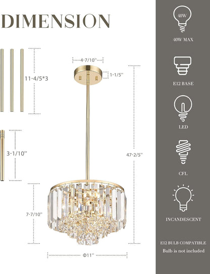 Gold Chandelier, 4-Tier Crystal Chandelier, Modern Pendant Light for Dinning Room Kitchen Island Bedroom Entryway, CC4215-3W-G