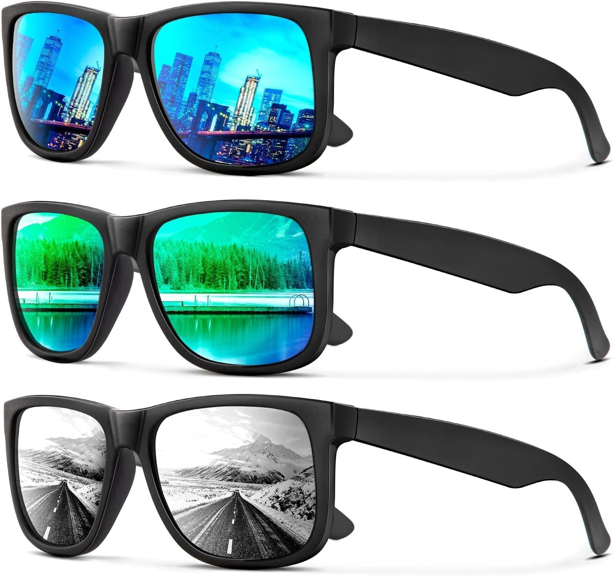 Sunglasses Men Polarized Sun glasses for Mens Womens Classic Matte Black Frame UV Protection 3pack
