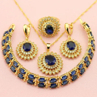 Women's Fashion Flower Shaped Gold Color Jewelry Sets Blue Zircon Earrings Pendant Rings Bracelet