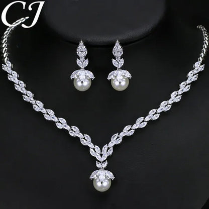 CANDICE Elegant Bridal Accessories AAA Cubic Zirconia With Round White Pearl Pendant Necklace Earrings Wedding Jewelry Sets For Women