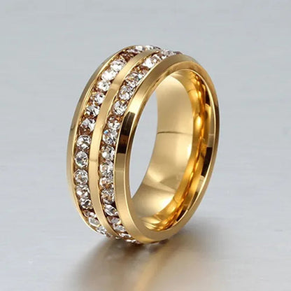 Womens Men's Fashion Double Rows Crystal gold silver black Titanium Steel Wedding Jewelry Ring 6-11