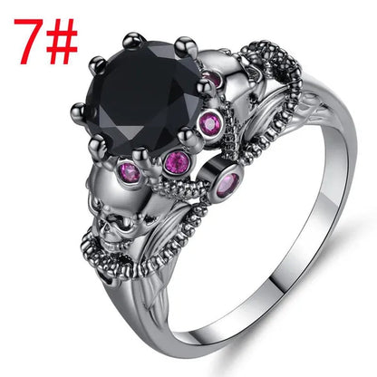 Gothic Style Sterling Silver Skull Ring Black Sapphire/Rainbow Crystal Diamond Punk Jewelry Proposal Birthday Gift Bridal Engagement Band Rings for Men Women Bride Size 6-9