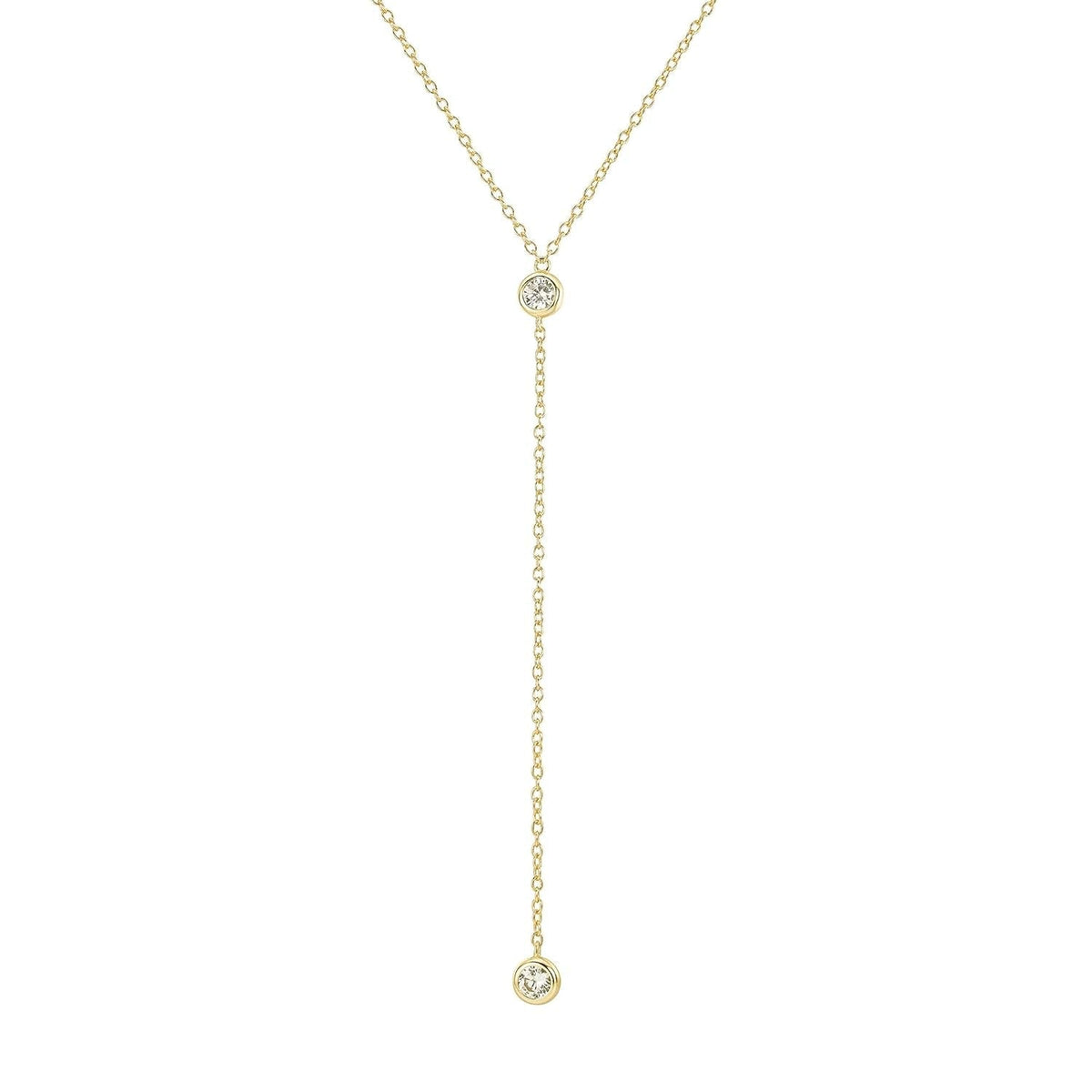 14K Gold Vermeil Lariat Necklace with 2 CZ Diamond in a 3.25" Dainty Drop Pendant, 16" - 19" Gold Dipped Sterling Silver Long Necklace for Women