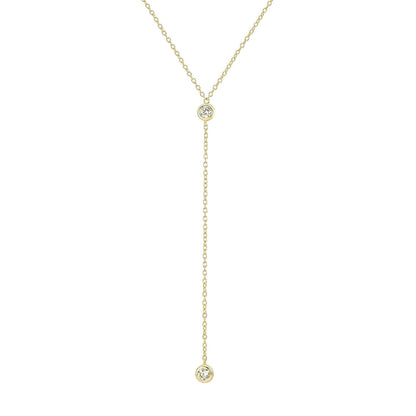 14K Gold Vermeil Lariat Necklace with 2 CZ Diamond in a 3.25" Dainty Drop Pendant, 16" - 19" Gold Dipped Sterling Silver Long Necklace for Women